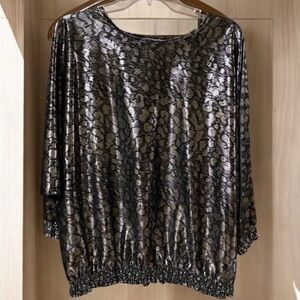 KERI ANN Shimmery Silver/ Black Shirt Blouse Size 24/44 (3X) No Iron Made In USA